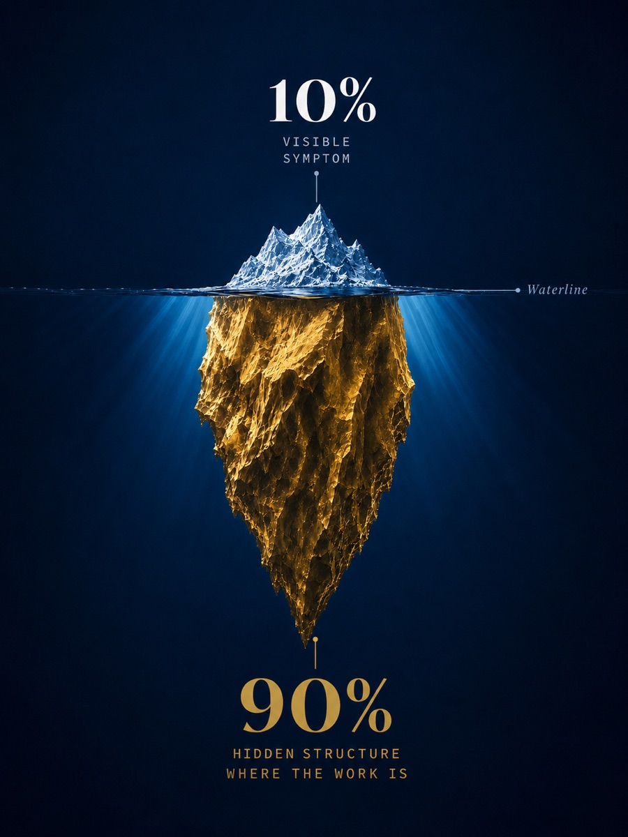 Iceberg diagram. Above the waterline, 10 percent is the visible symptom. Below it, 90 percent is the hidden structure where the work is.